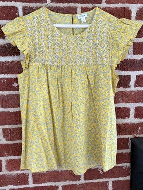 J. Crew Yellow Floral Smocked Flutter Sleeve Blouse